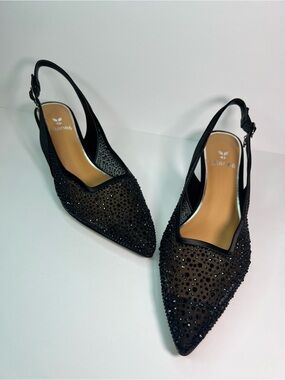 J.Renee Black Crystal Slingback Pointed Flats